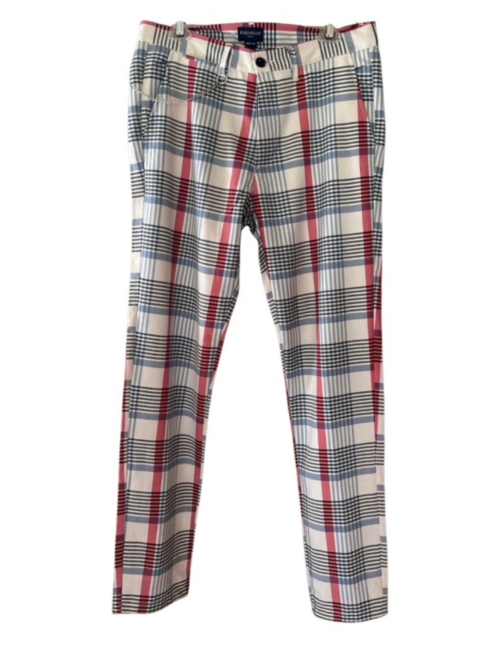 NWOT Rosso Milano Mens Italian Plaid Flat Frnt Pants SZ 32x32 Red White Blue 🇺🇸